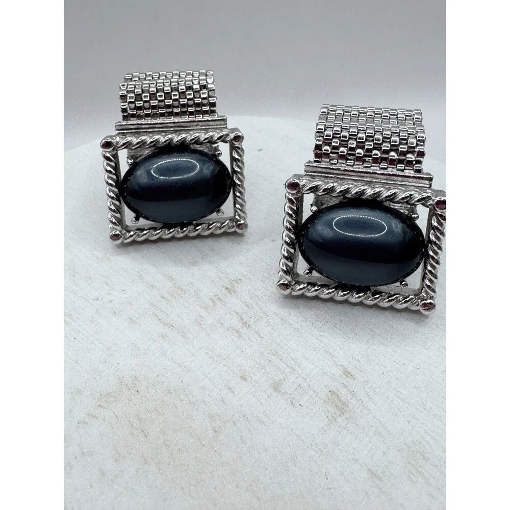 Vtg Swank Silver Tone Rectangular Grey Moonglow Oval Cabochon Mesh Cufflinks